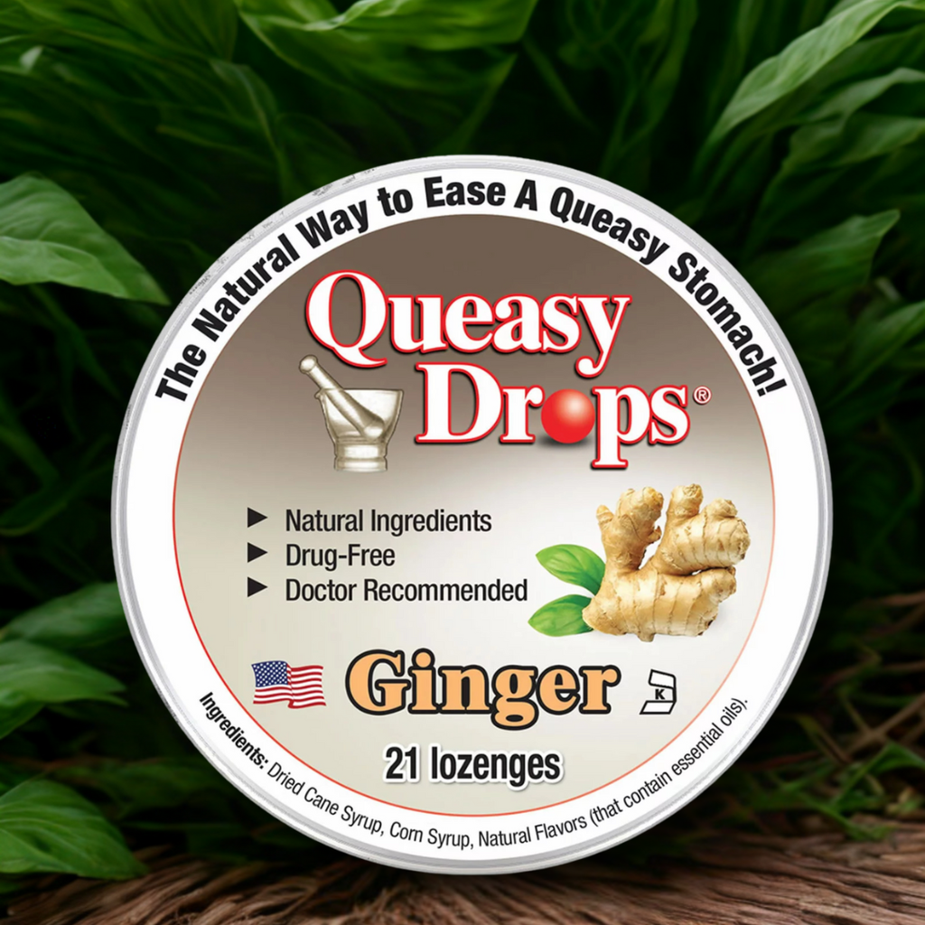 Container of Queasy Drops Ginger Sweets For nausea 