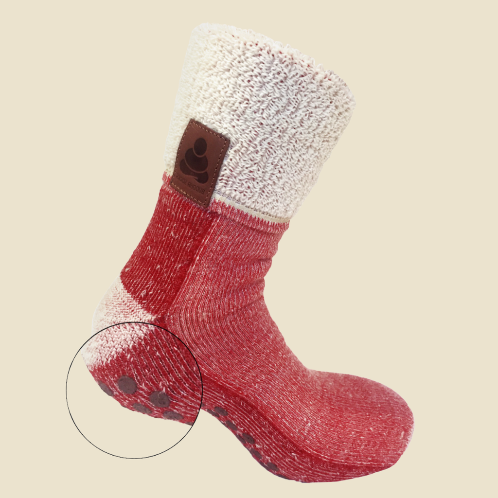 Male slipper socks in Red  with the Buddha Sock logo