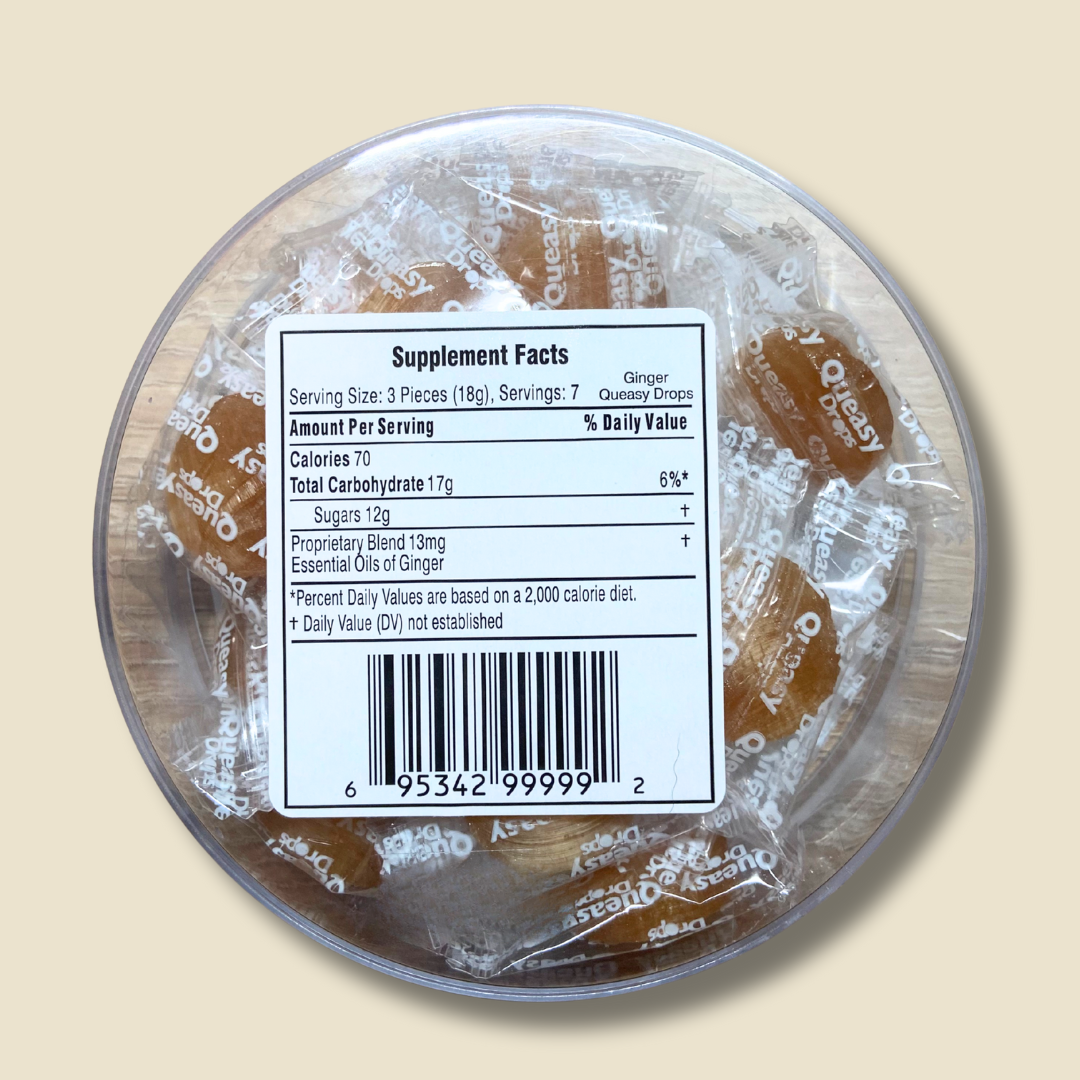 BAck of Queasy Drops Ginger showing nutritional values