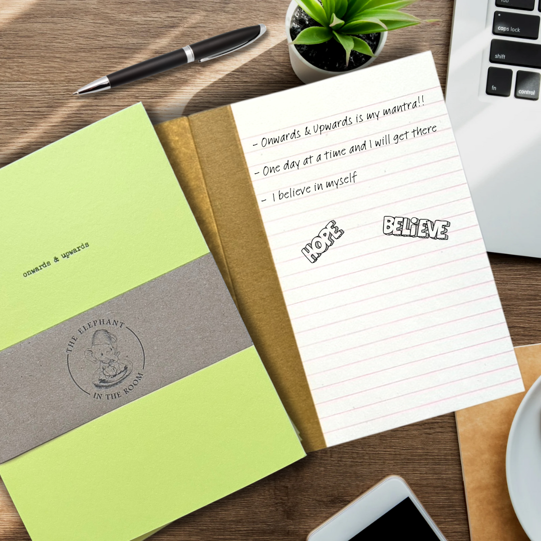 notebook in yellow on top of an open notebook showing lined pages. There is writing on the page