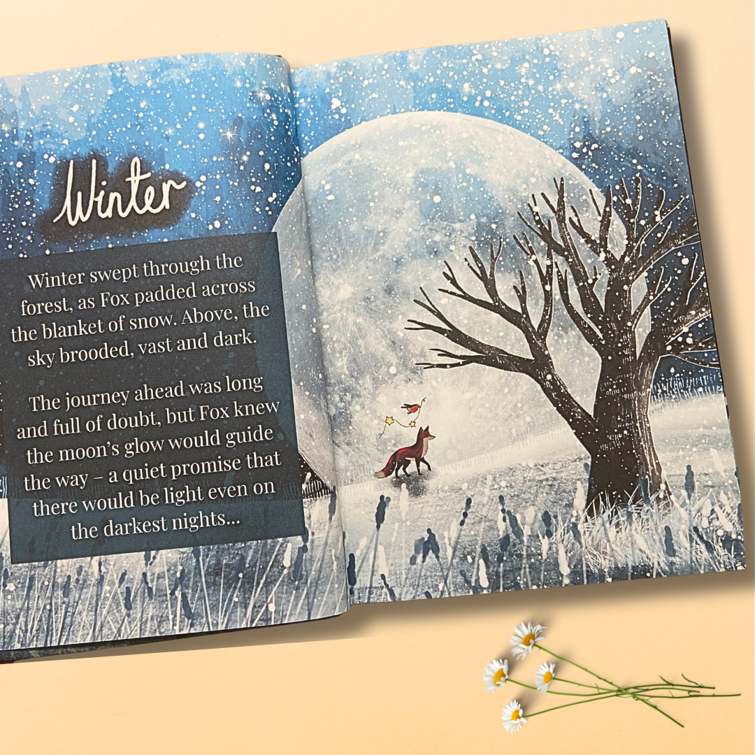 Mindfulness stories book open with winter scene and writing by Fox Under the Moon