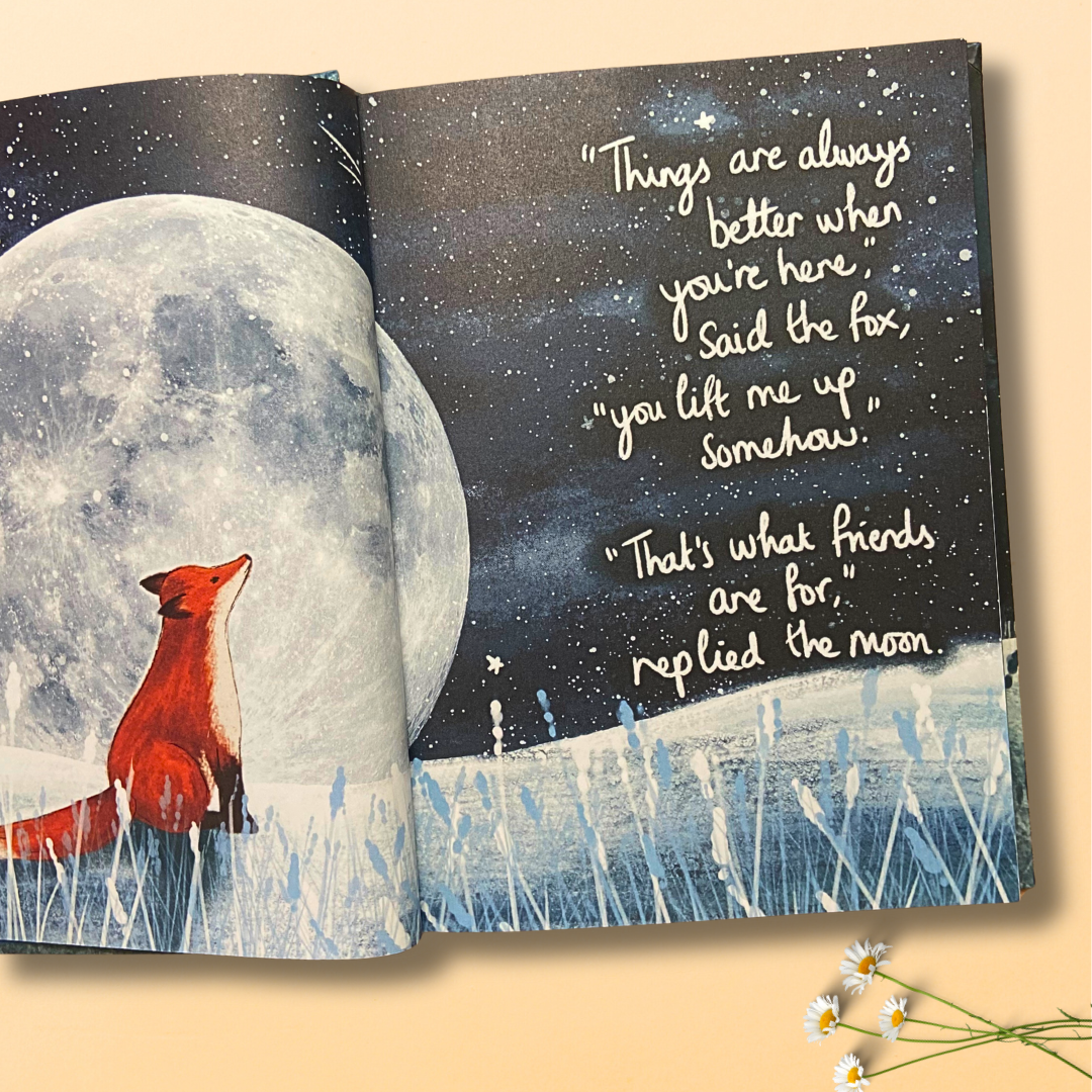 Open book with a fox and moon illustration and a quote on  friendship a beige background