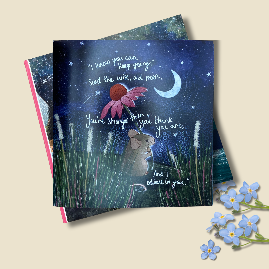 Inside of hug in a book with mouse and flower illustration and inspirational words on a starry night background