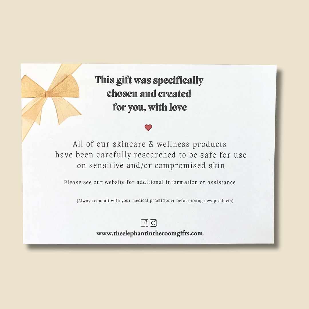 Care package Gift card with text about skincare and wellness products on a beige background