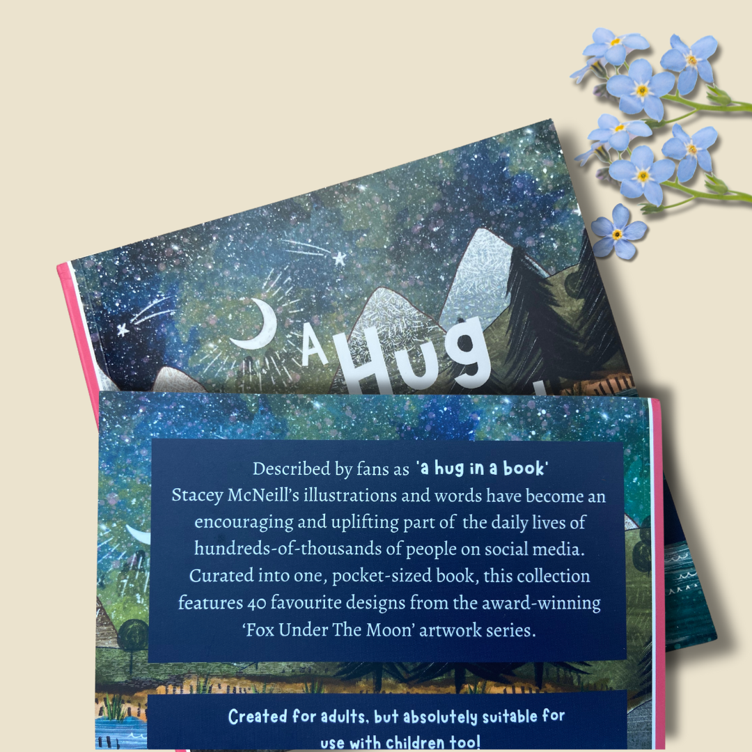 Back of Hug in a Book titled ' night sky design and text about Stacey McNeill's illustrations.