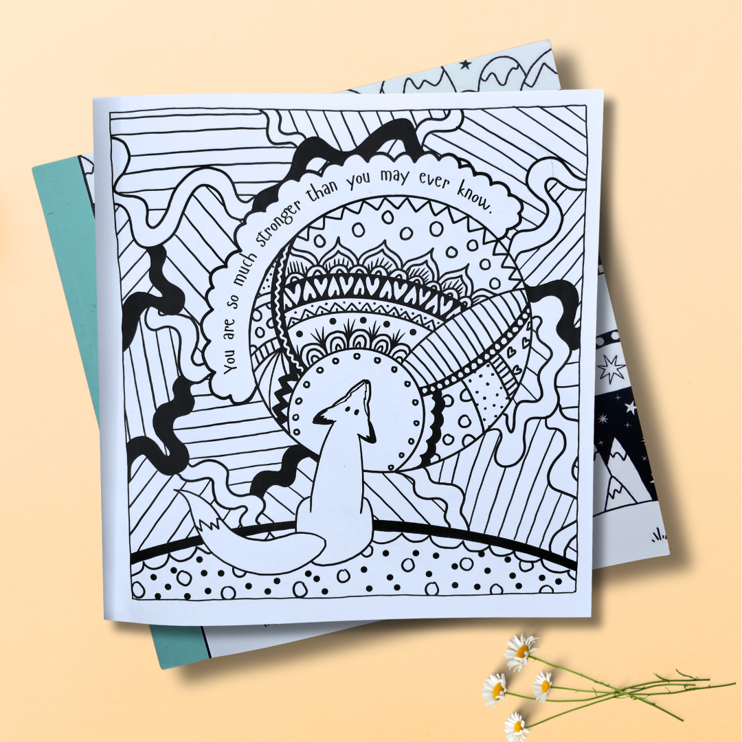 mindfulness Coloring book with mandala design and fox illustration on a beige background