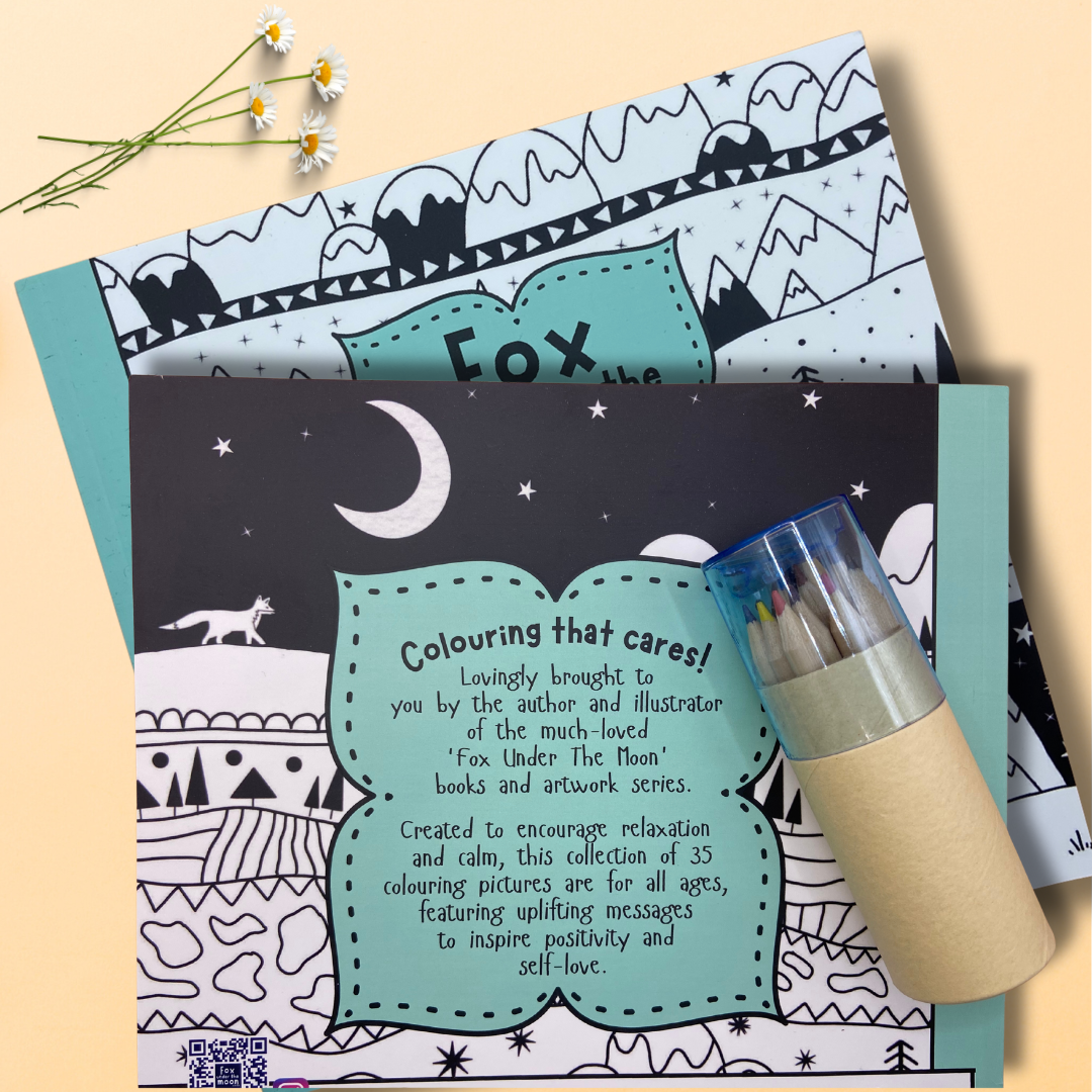 Back of mindful colouring book with colouring pencils