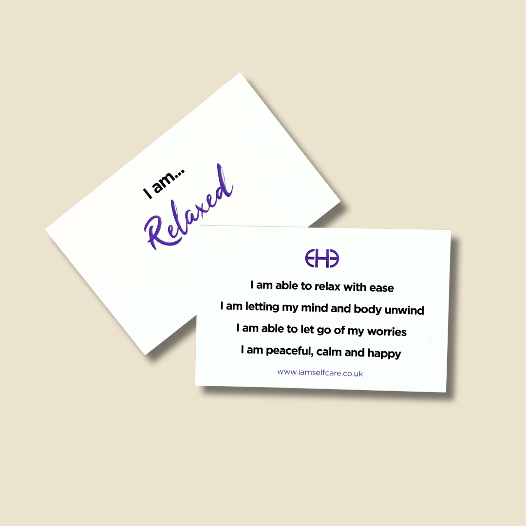 Two 'I Am Relaxed' affirmation cards on a beige background 