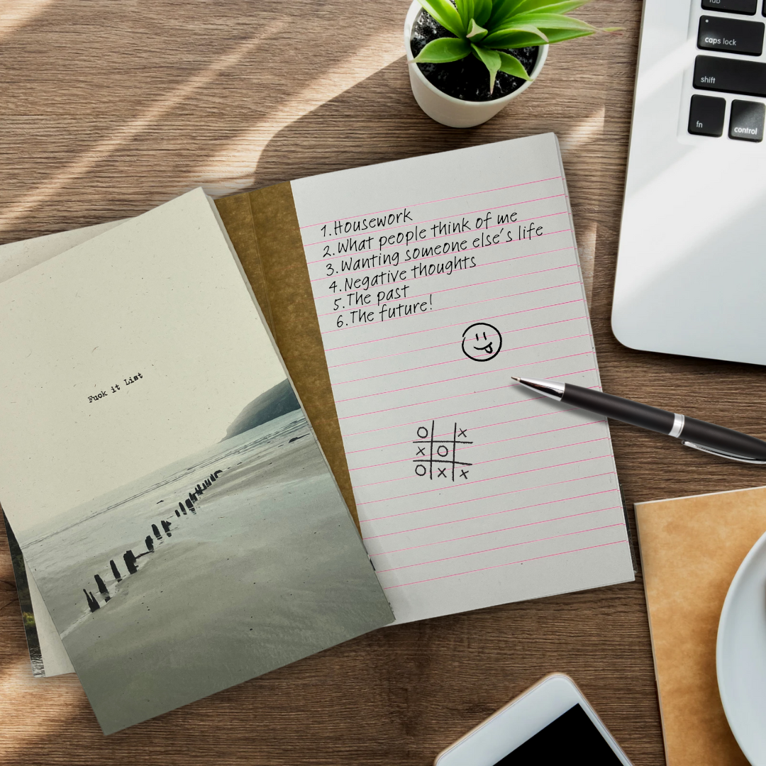 Bucket List notebook that has 'Fuck It List' on the cover. Open on a desk.