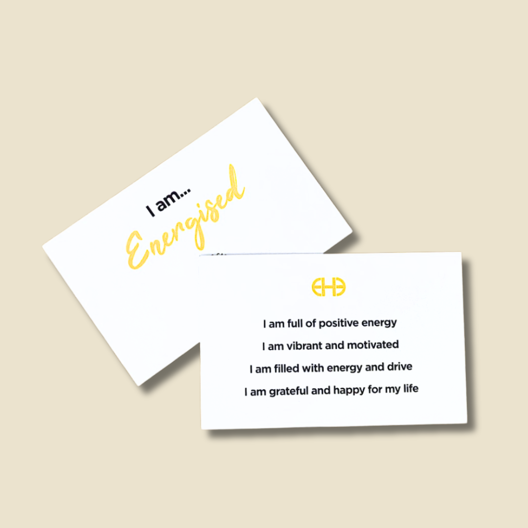 Two cards on a beige background with motivational text and affirmations on being Energised