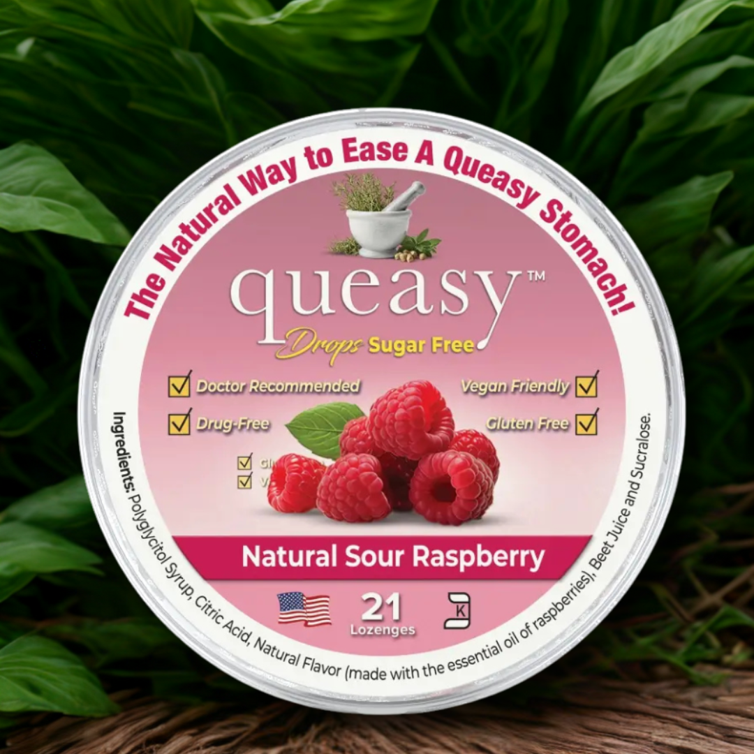 Container of queasy drops Sugar Free Natural Sour Raspberry flavor for upset stomach relief