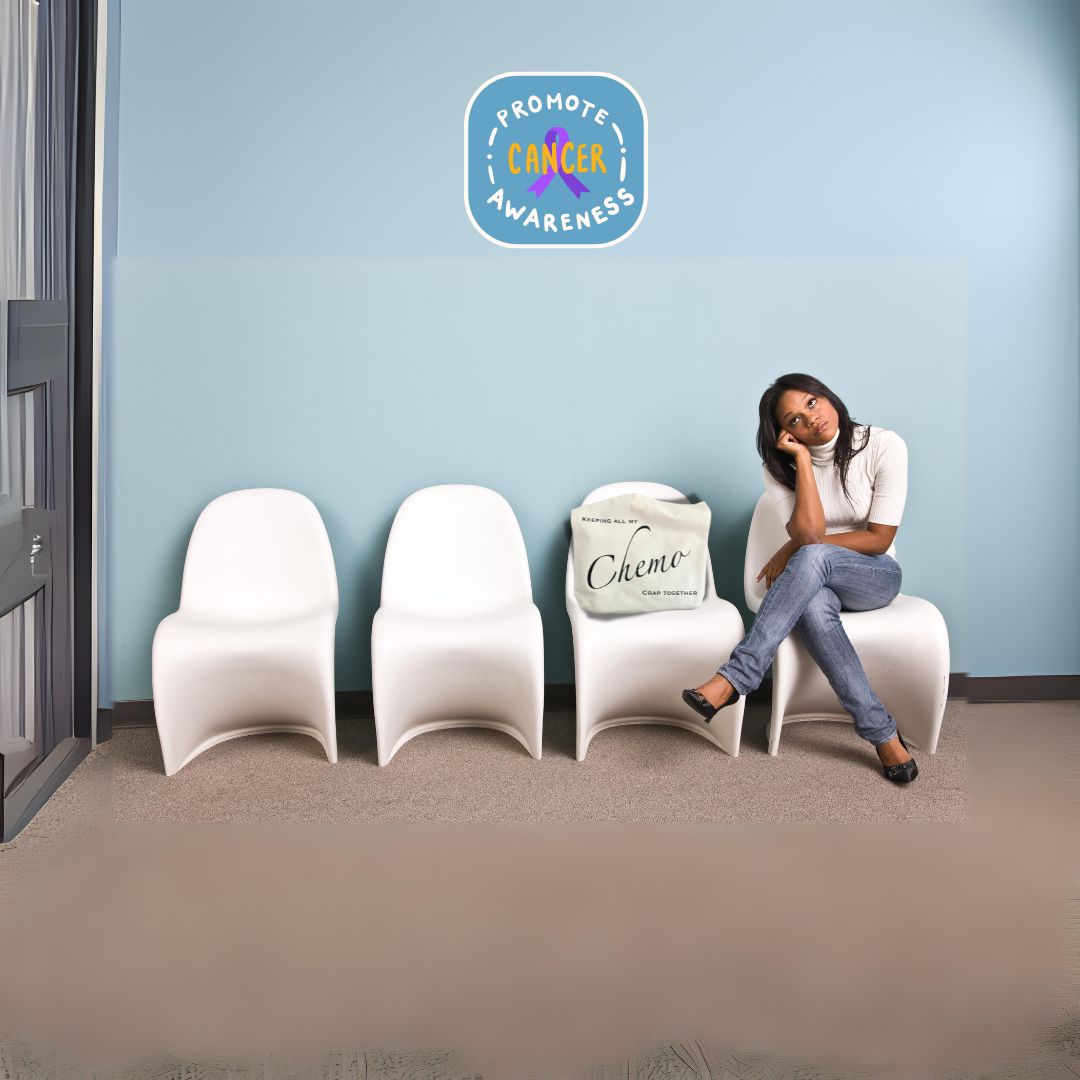 Lady in waiting room with a keeping all my chemo crap together tote bag