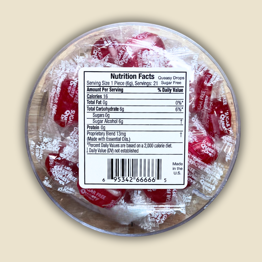 Back of Queasy Drops box with a nutrition facts label 