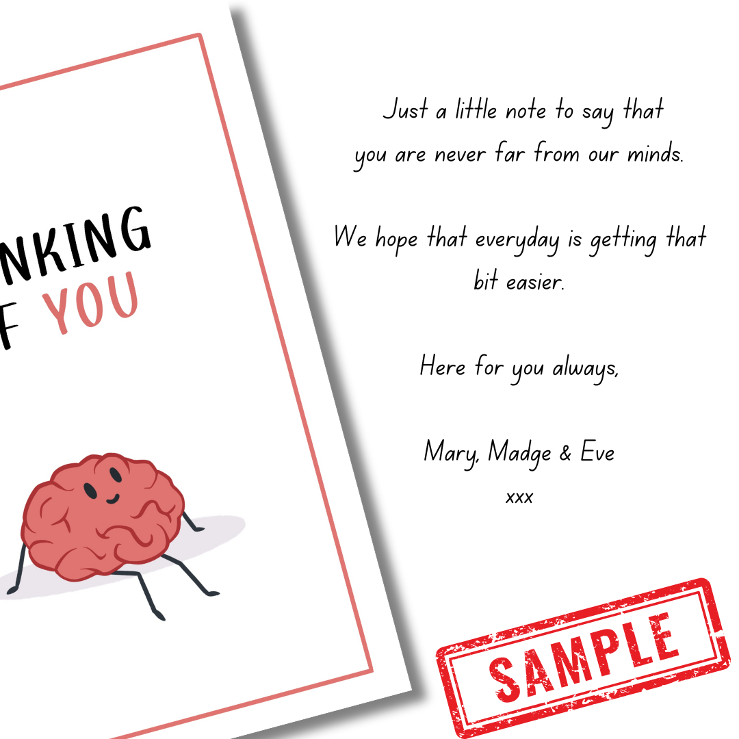Greeting card with a brain illustration and heartfelt sample message on a white background.