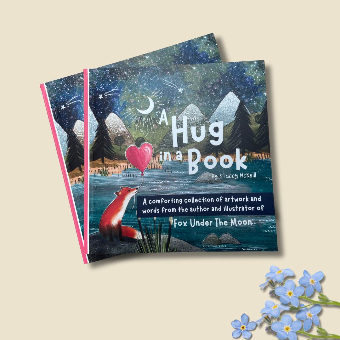 Two books to send a hug to a friend titled 'A Hug in a Book' with a fox illustration on a beige background.