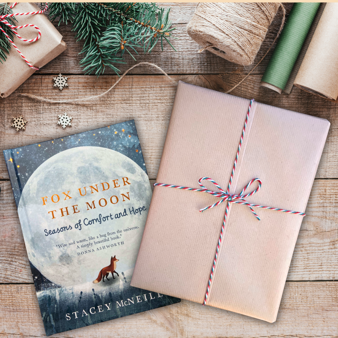 Book titled 'Fox Under the Moon' by Stacey McNeile on a wooden surface with Christmas wrapped book and festive elements.