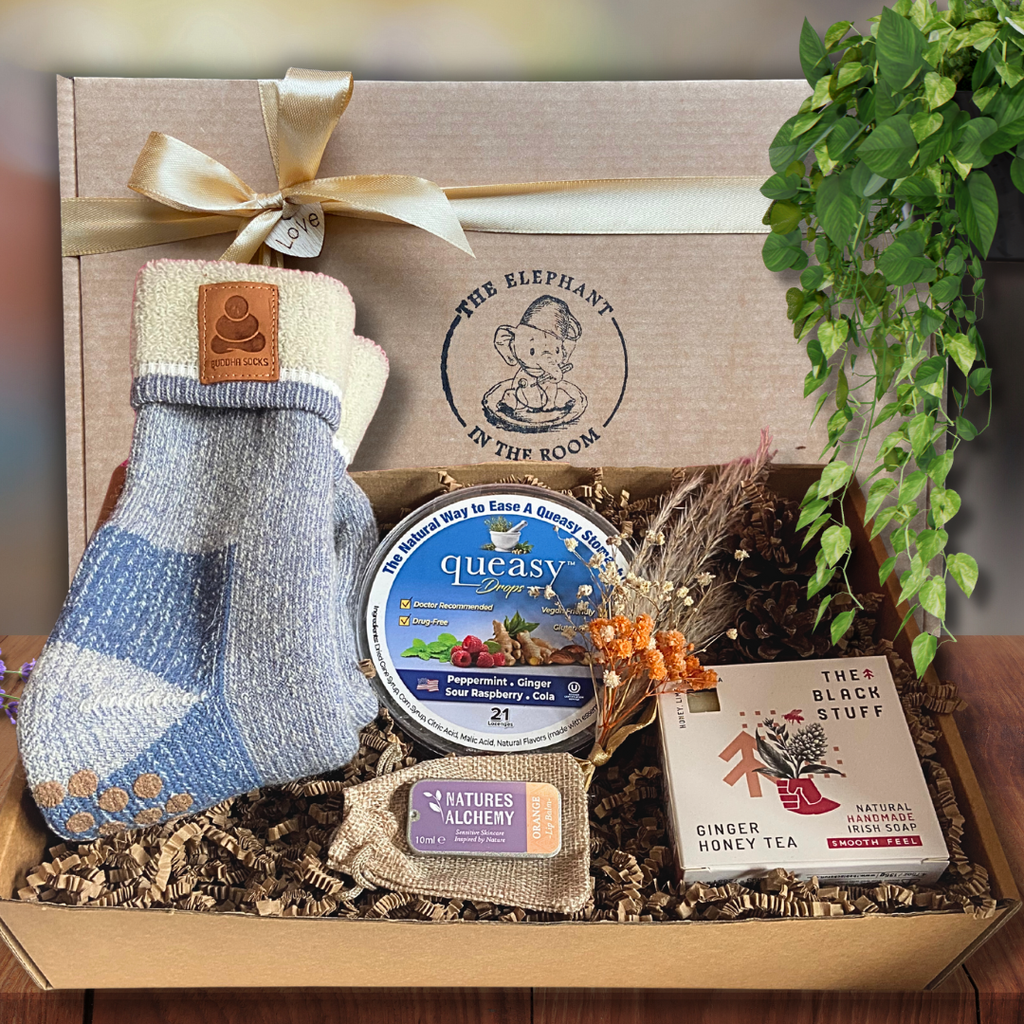 Chemo Care package for him with socks, soap, queasy drop and lip balm