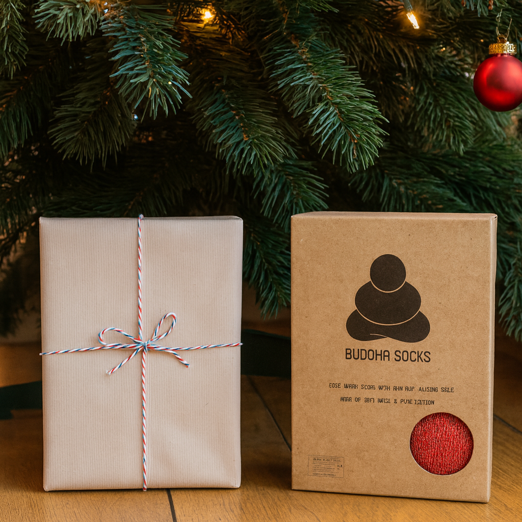 Buddha Sock in Red under Christmas tree