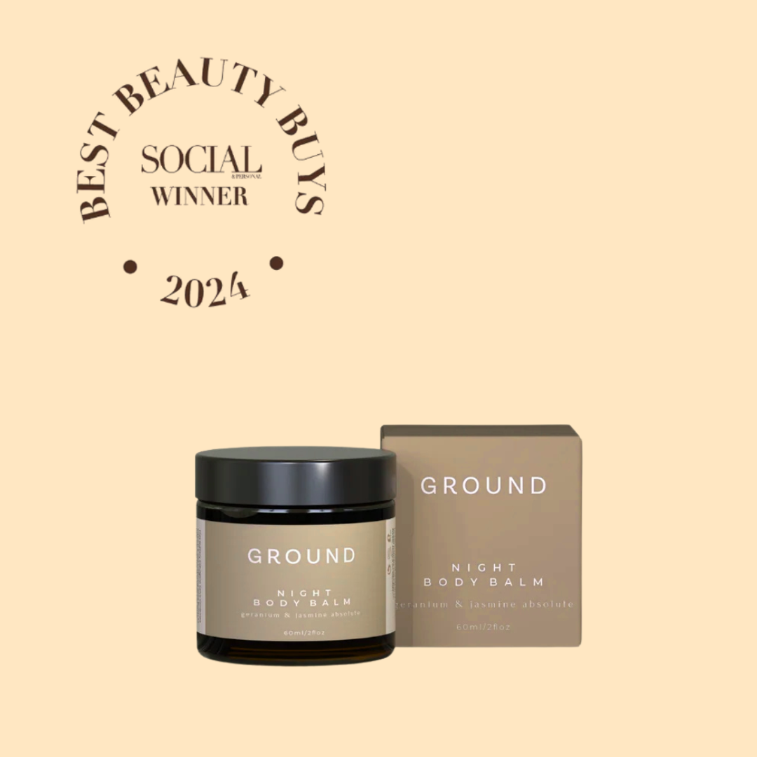 Ground Night Body Balm jar and box with 'Best Beauty Buys Social Winner 2024' text on a beige background