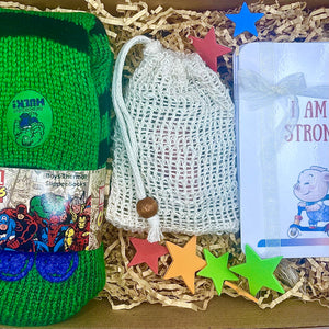 Hulk slipper sock, soap and affirmation cards in kids care package