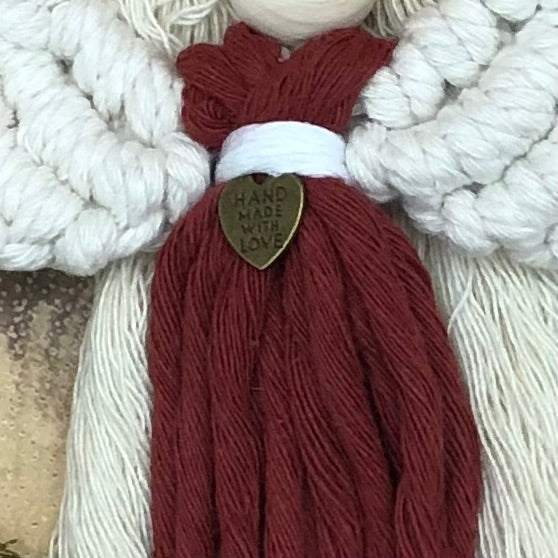 Close up of handmade get well Angel in Burgundy