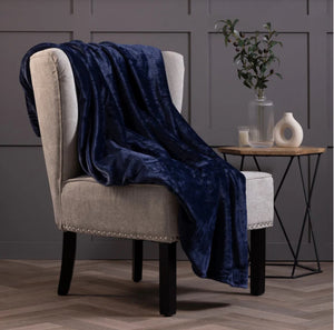 Navy fleece thermal blanket over chair