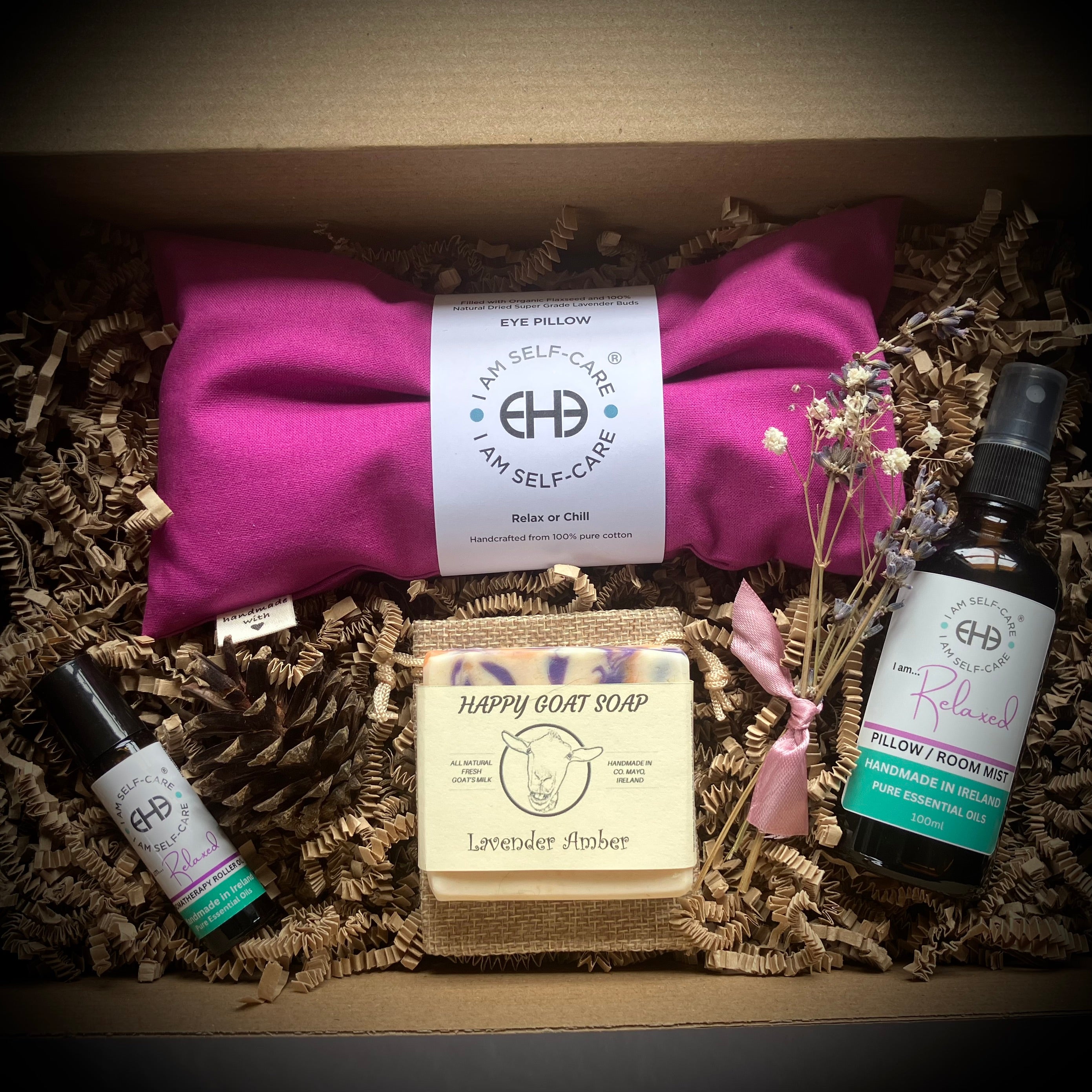 Relaxation gift for her in a box. Eye pillows, pillow spray, soap and roller oil
