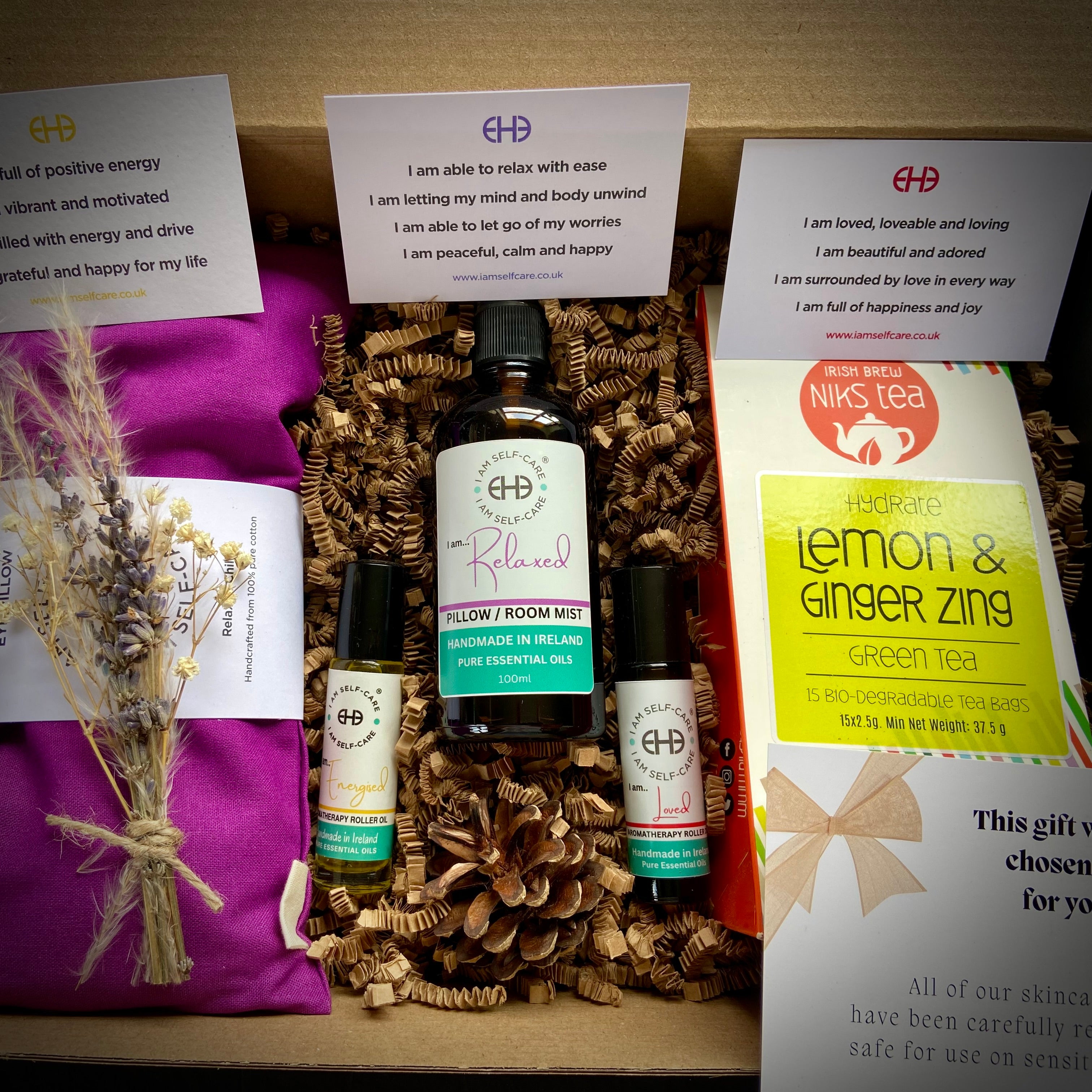 Care package with aromatherapy gifts and wellness tea