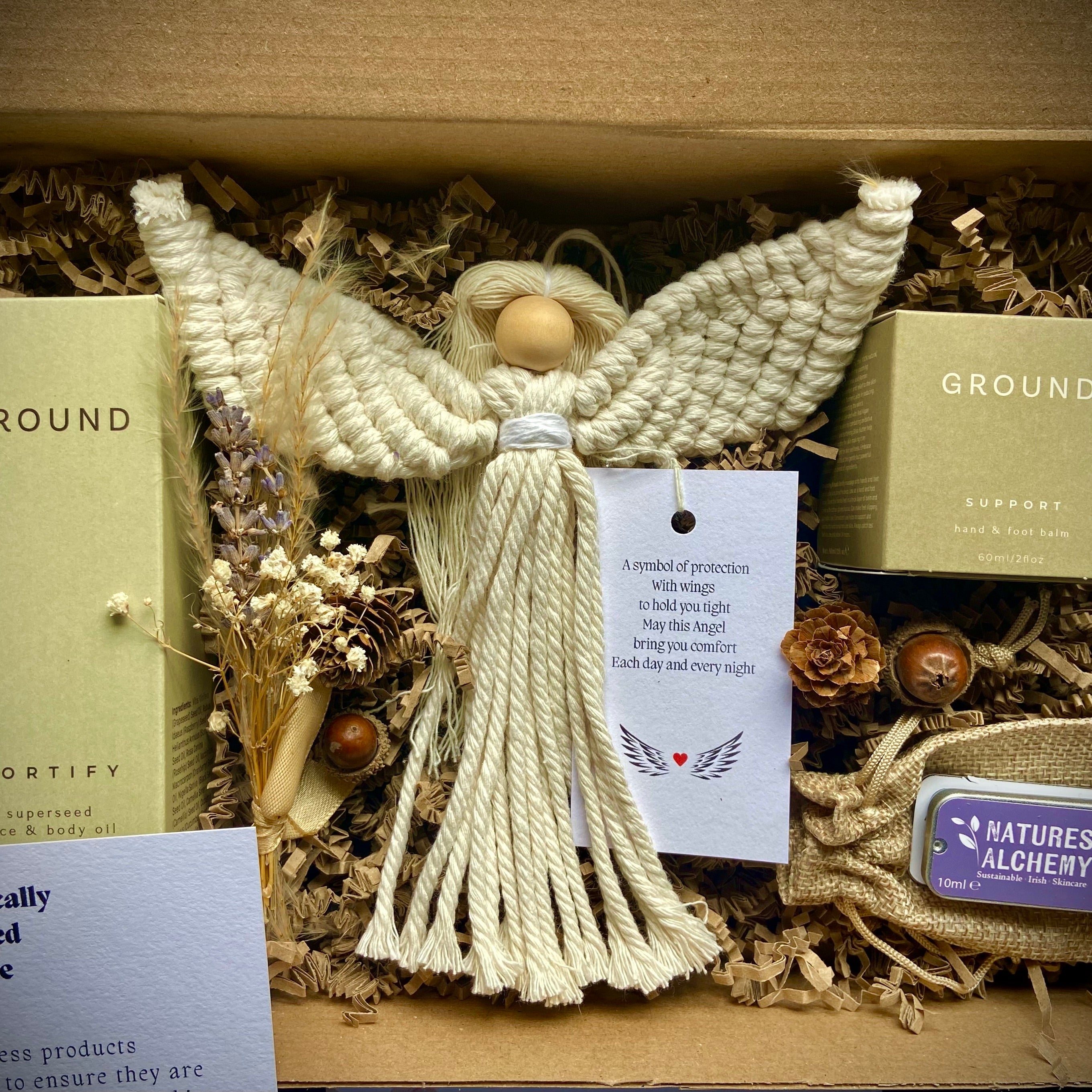 Care package with handmade Angel and skincare products for cancer patients