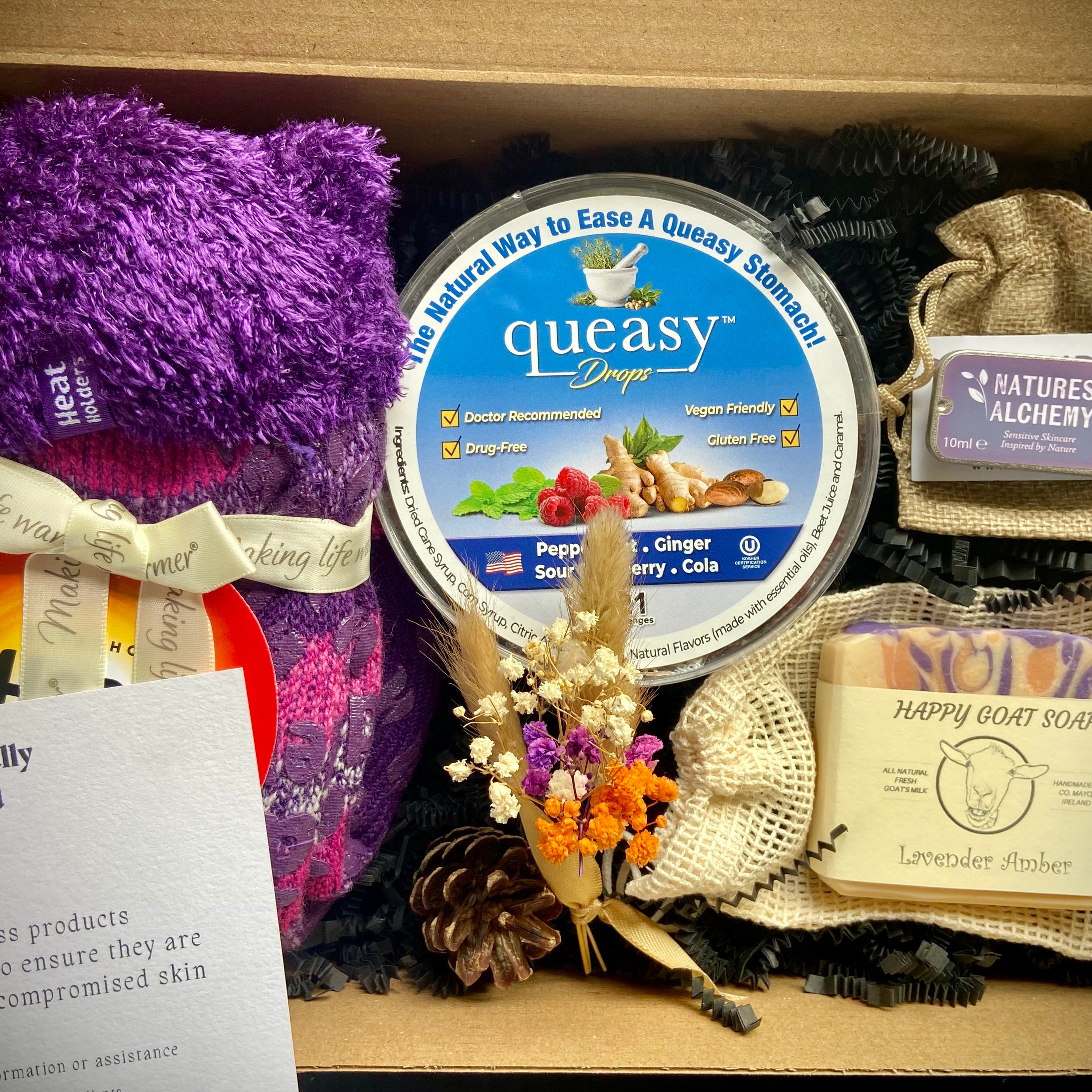 Chemo gift box with thermal socks, queasy drops and goats milk soap