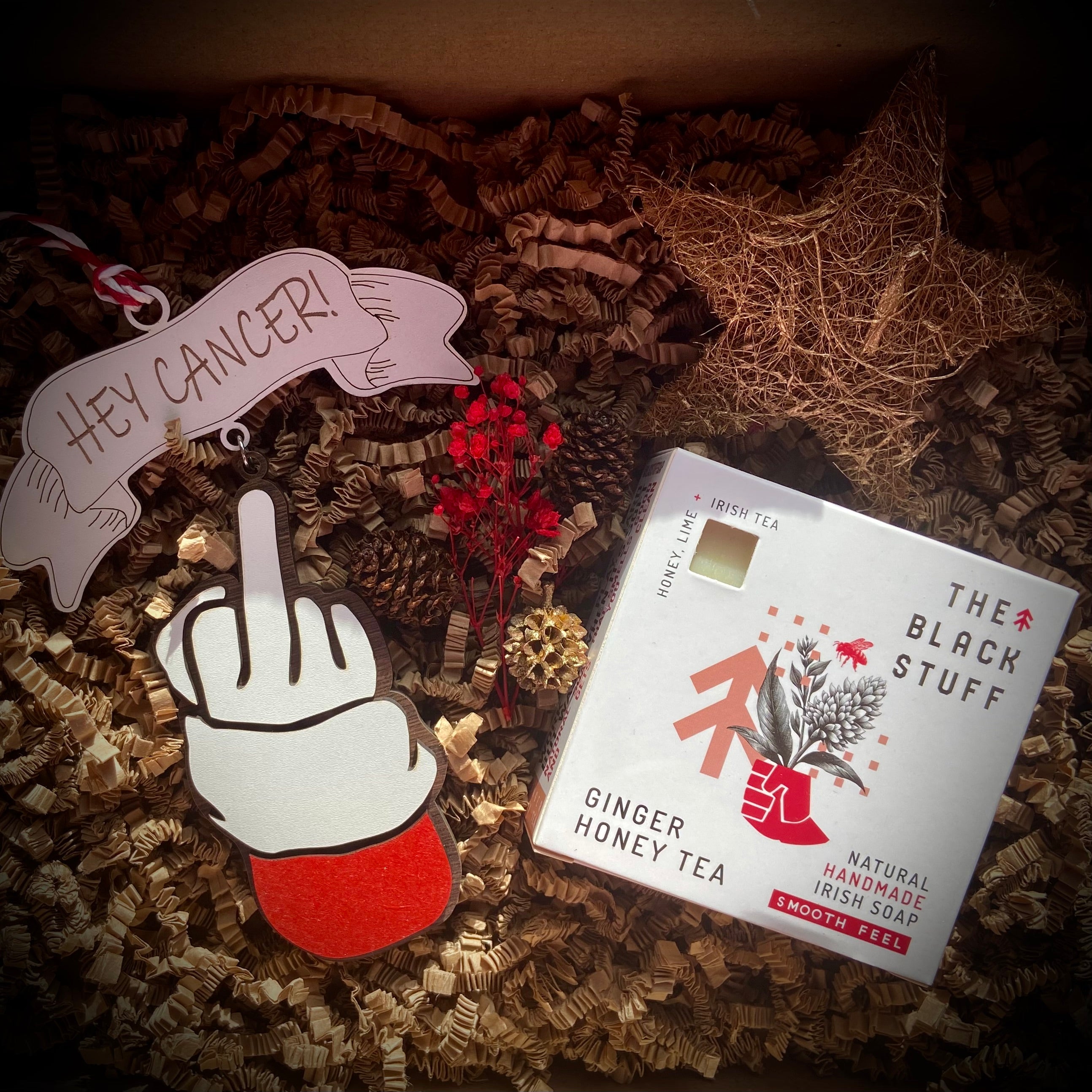 One finger salute to cancer christmas decoration in a gift box with a natural handmade soap