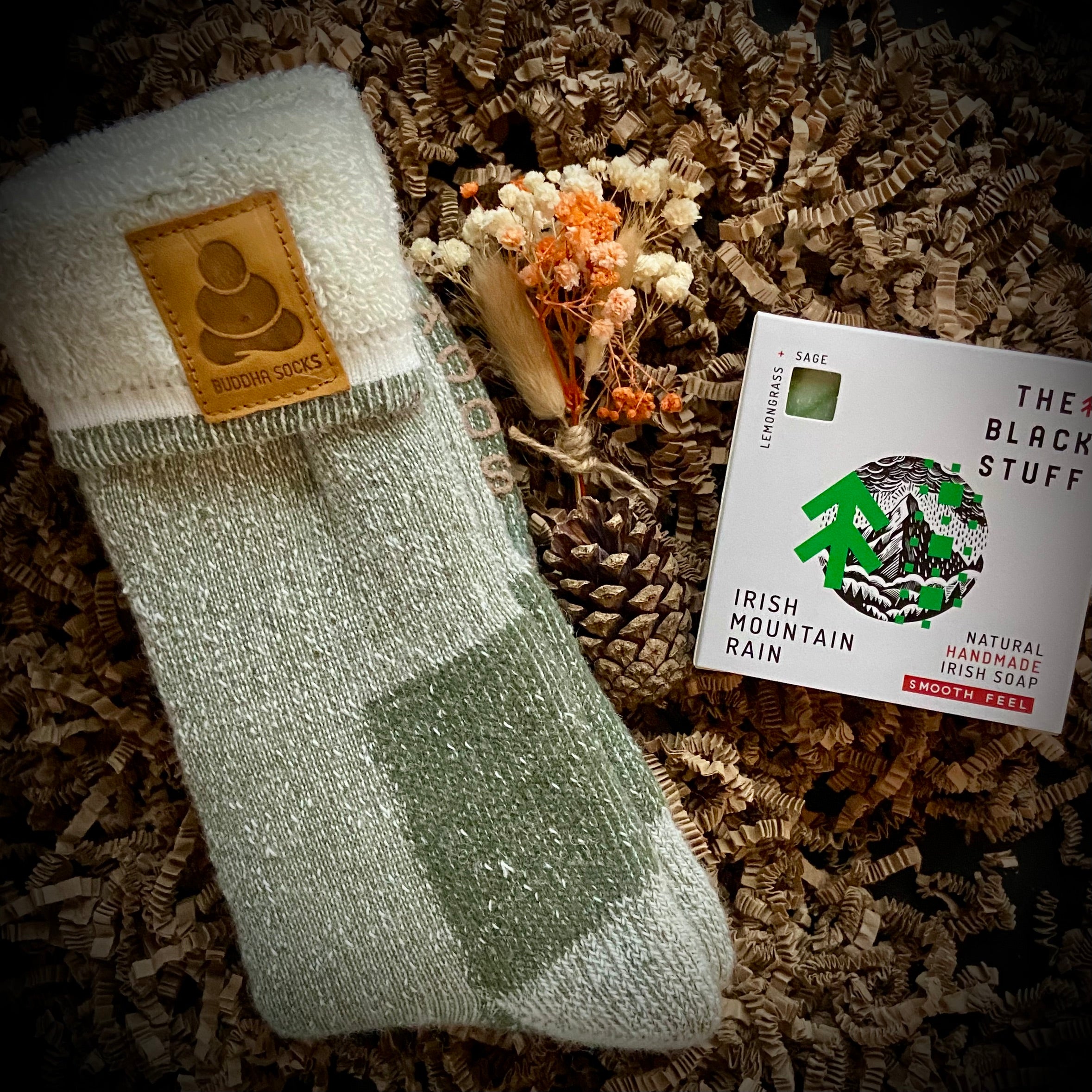 Care package with mens slipper socks and natural handmade soap