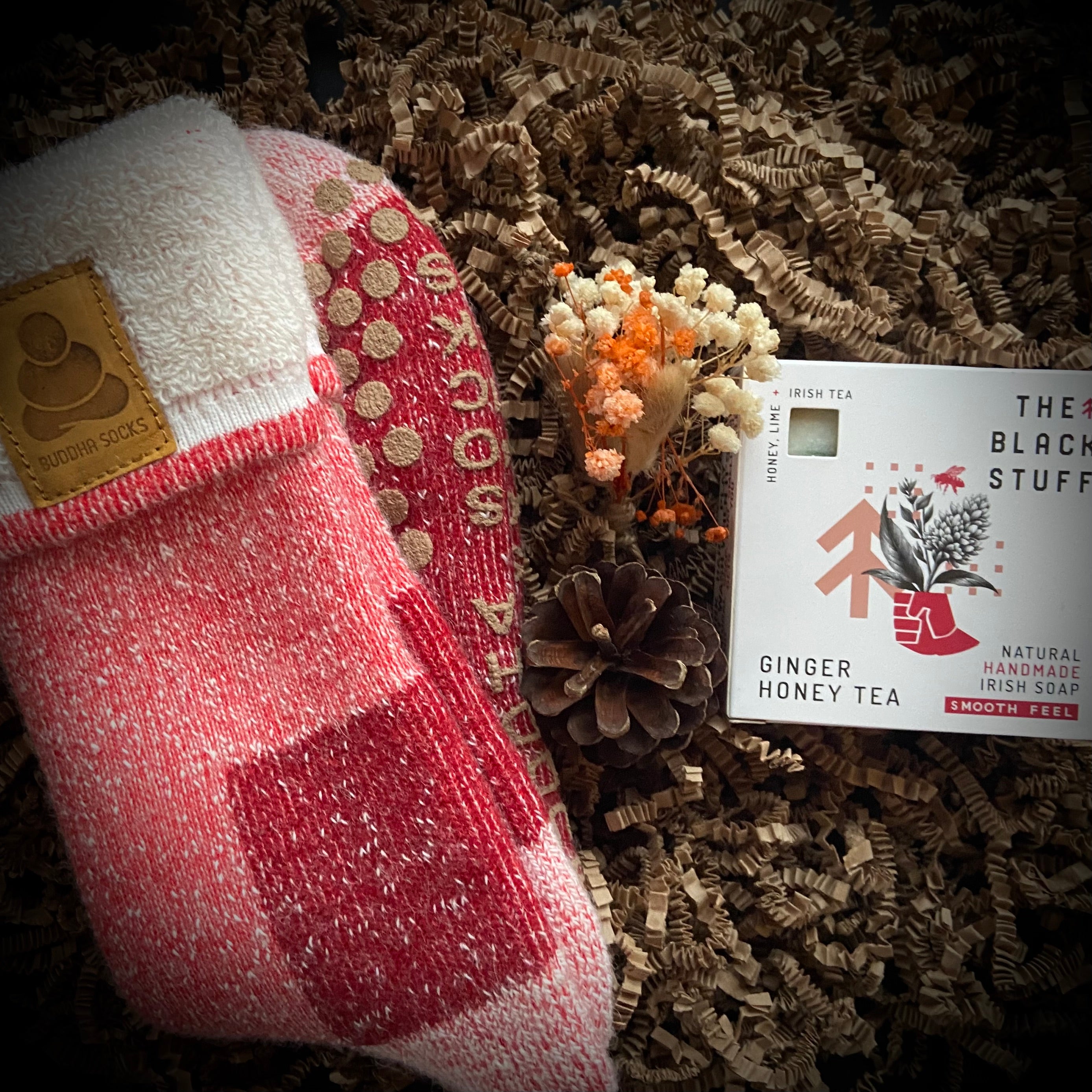 Red slipper socks with Irish handmade soap in gift box