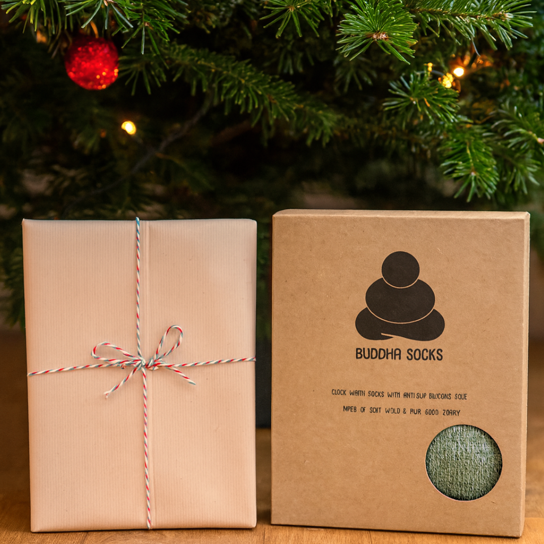Green Buddha slipper socks in brown box under Christmas tree
