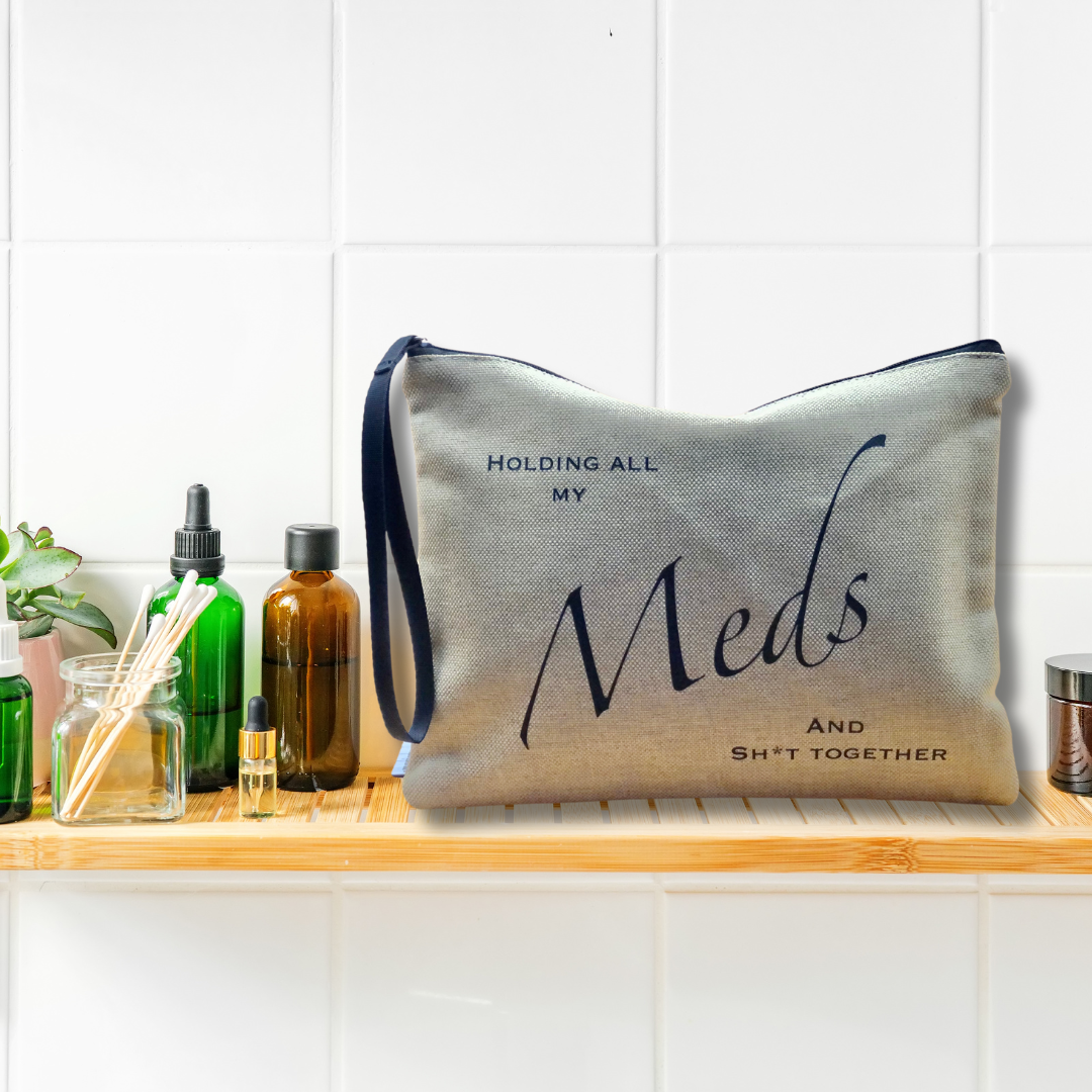 Funny Medicine bag on a  bathroom shelf