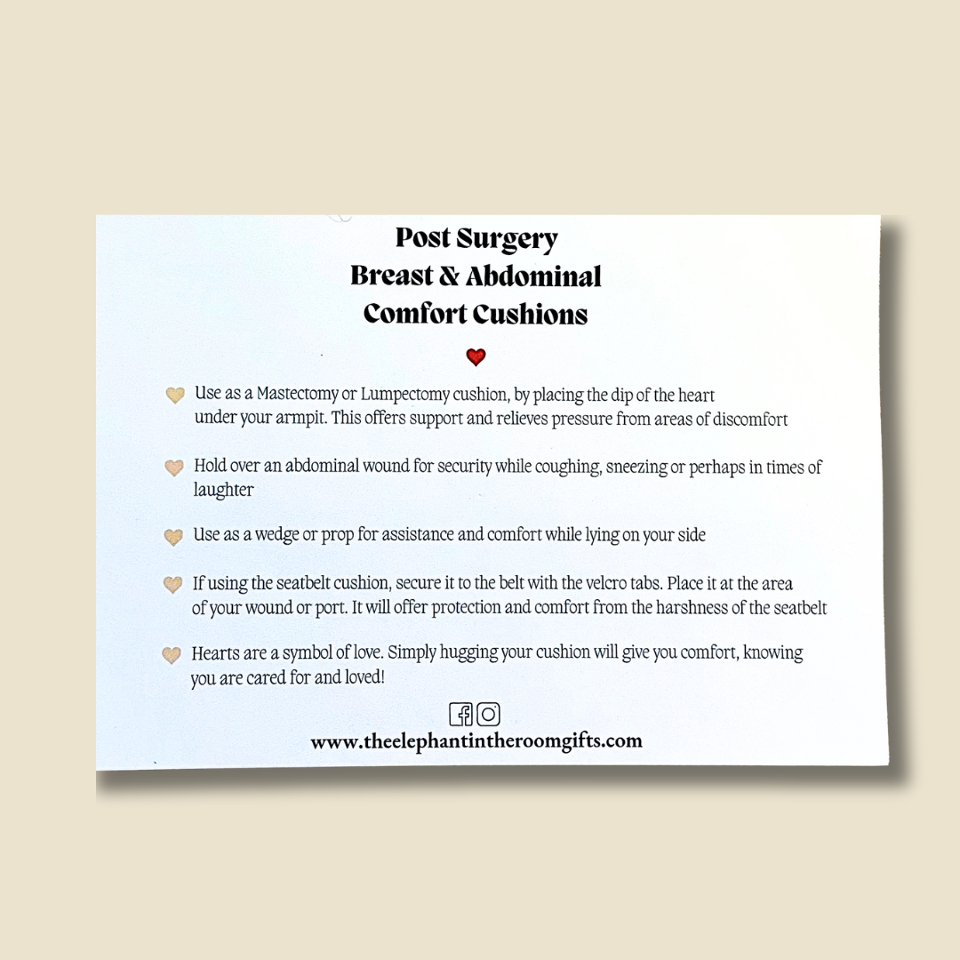 card explaining how to use mastectomy & post surgery cushion