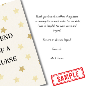 Sample message in Legend of a Nurse, thank you card for a nurse