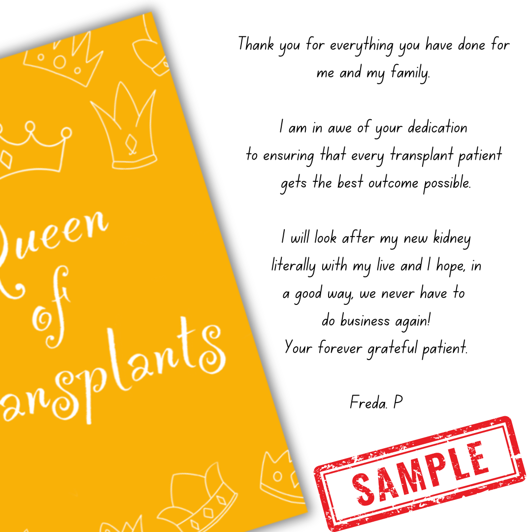 Sample message in Queen of Transplants card