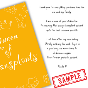 Sample message in Queen of Transplants card