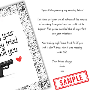 Sample message in Sorry Your kidney tried to kill you card