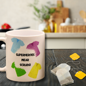 superhero wears scrubs mug